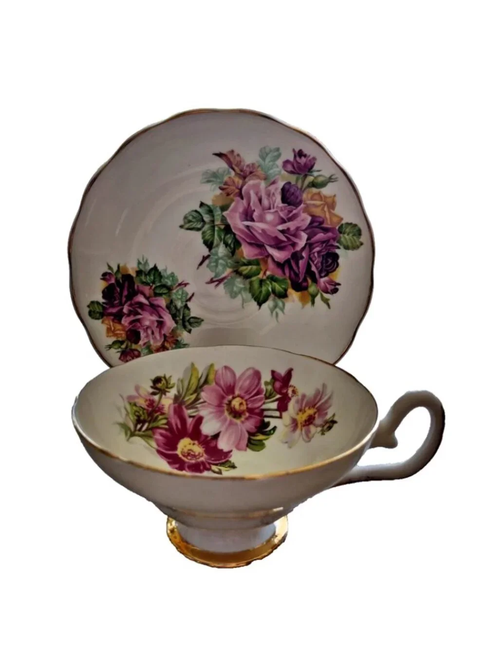 Vintage Crownford Teacup & Saucer Pink-Yellow Flowers + Gilt Scalloped Edges